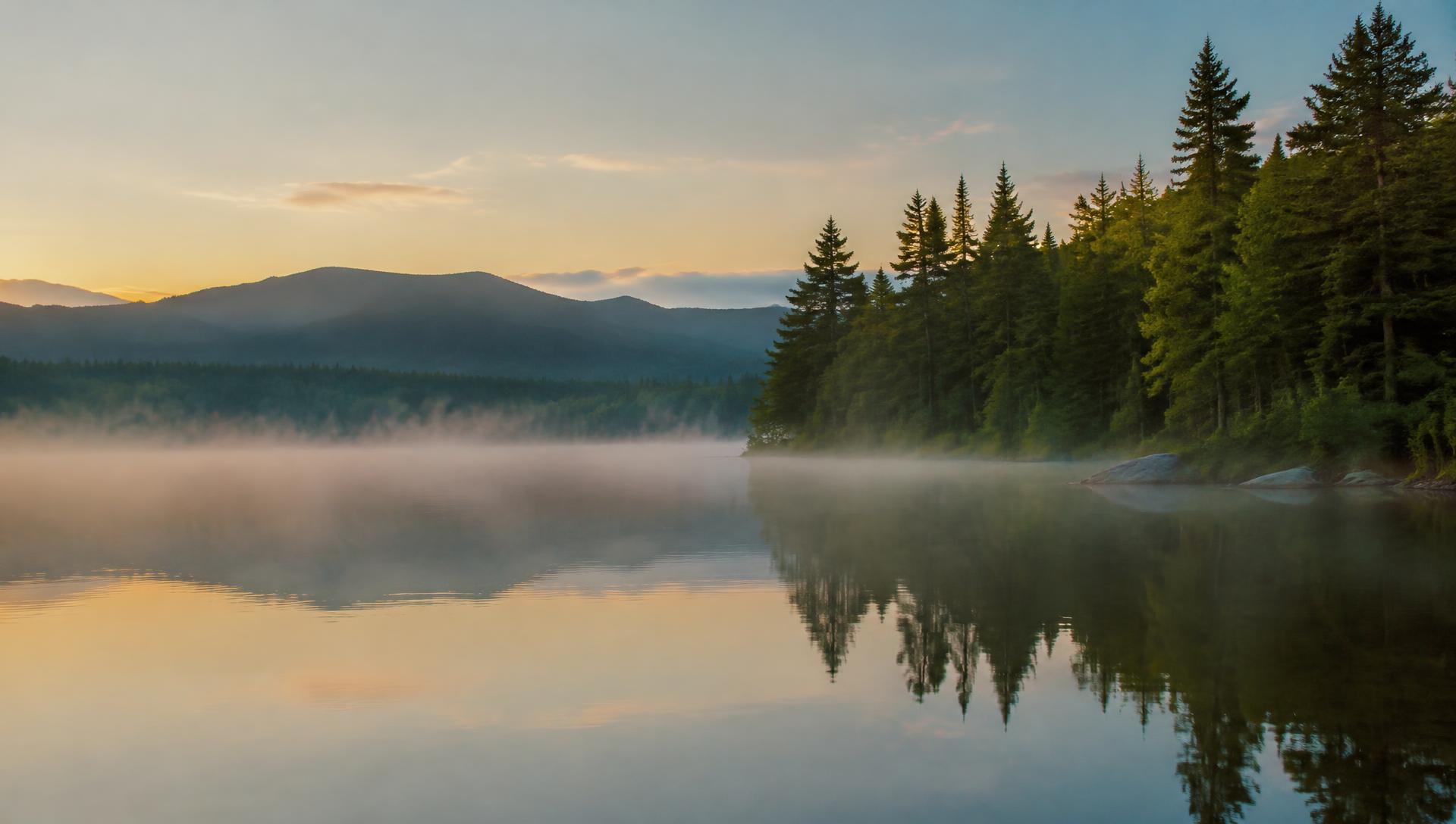 Lake Elmore at dawn, mist over still water